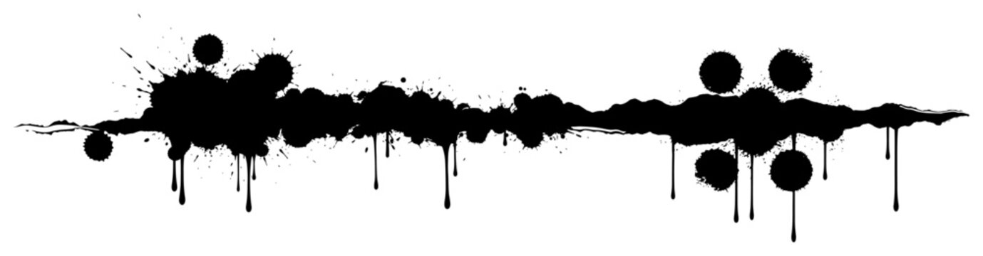 Horizontal ink drip banner and messy paint splatter in black grunge style