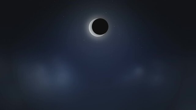 Total solar eclipse progression with glowing against dark cloudy sky cinematic motion