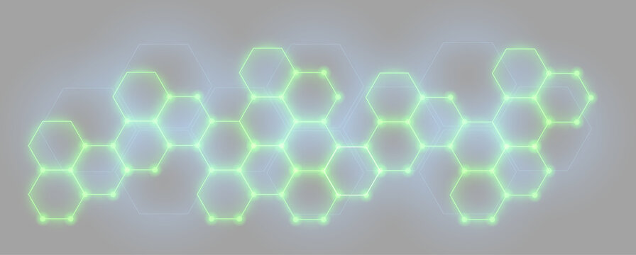 Green glowing graphene lattice model on grey background