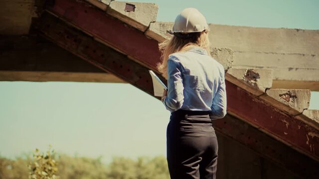 Engineer Checking Blueprint Documents Construction. Site Concrete Structure Building. Inspector Architecture