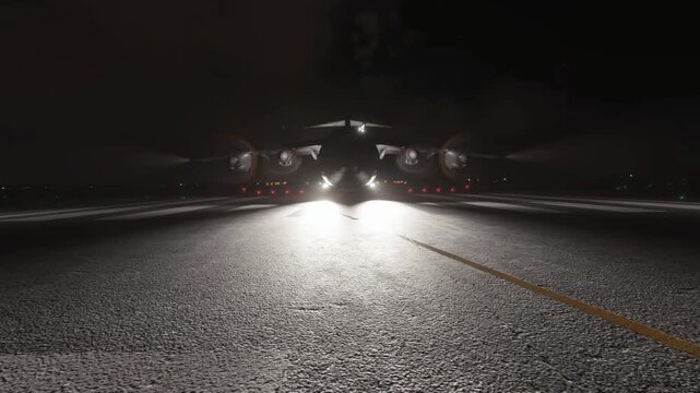 Military Transport Aircraft on Runway at Night with Bright Landing Lights