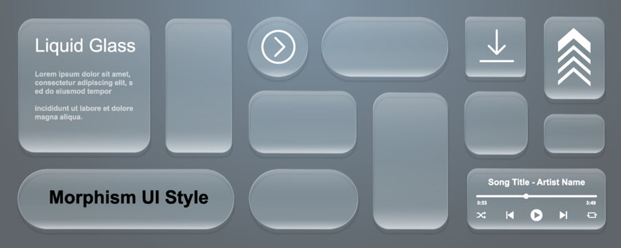 Liquid glass panels, web app interface elements isolated, widget for smartphone with a glow, ui ux light rounded square and circle frames stroke