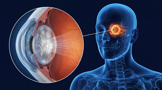 3D Medical Illustration of Human Eye Cataract Showing Lens Opacification and Anatomical Structure in Detail