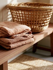Obraz premium Folded linen bedding with woven basket on walnut bench in organic modern interior