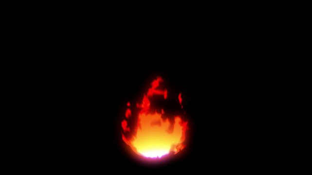 Bright orange and red flames glow against black darkness, creating an intense fiery effect.