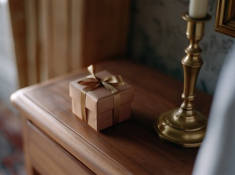 Gift box with satin ribbon on walnut bedside table in elegant bedroom