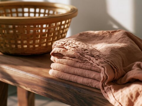 Folded linen bedding with woven basket on walnut bench in warm organic modern interior