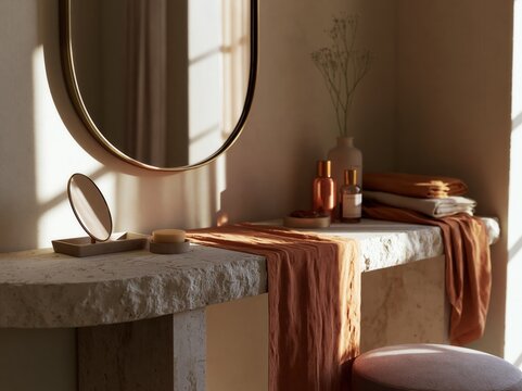 Travertine console with round mirror and skincare essentials in elegant organic modern interior