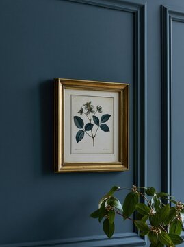 Framed botanical print above modern console in elegant organic interior