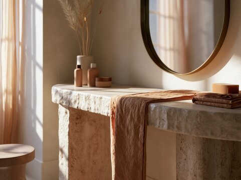 Travertine console table with round mirror in serene organic modern interior