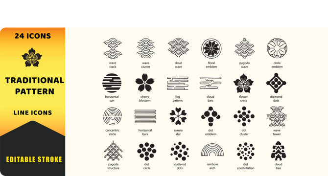 Traditional pattern vector icons. Japanese oriental motif insulation vector signs set. Wave pattern icon. Sakura blossom vector icon