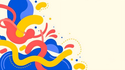 Fototapeta premium Flat vector cartoon presentation background in Alegria art style with exaggerated curved shapes geometric blobs in cobalt blue coral red and sunny yellow with right clear layout