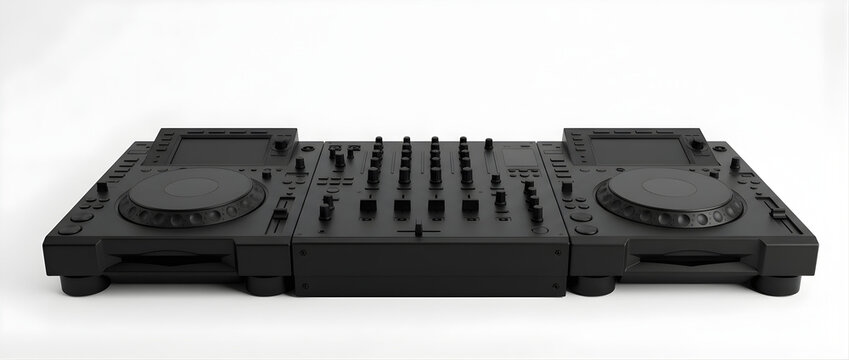 Professional black DJ controller with dual turntables and mixer for electronic music production and live performance on a clean white background