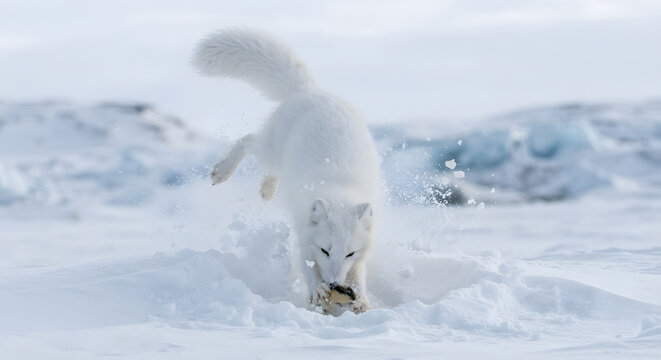 Arctic fox jumping and diving into deep snow to catch prey