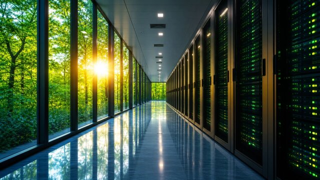 Glass-walled data center corridor overlooking a sunlit forest