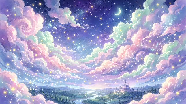 Pixel art night sky with stars and moon above a dreamy landscape with fluffy pastel clouds