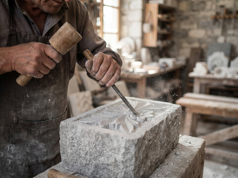 Craftsman Sculpting Stone Block With Hammer And Chisel