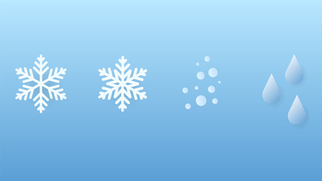 Weather Icons Set with Snowflakes, Snow Pellets and Raindrops in Paper Cut Style
