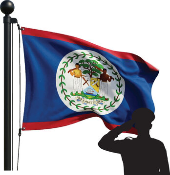 Belize flag waving on flagpole with saluting soldier silhouette against white background vector illustration