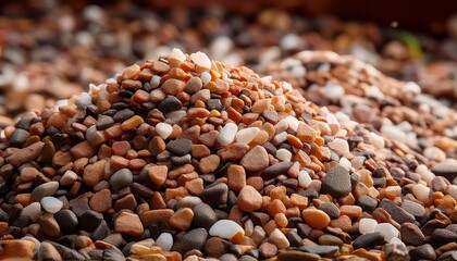 Obraz premium closeup medium shot of earthtoned mineral granules tumbling showcasing natural hues derived from crushed stone for enhanced weather resistance on shingle surfaces