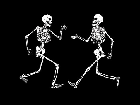 Two dancing skeleton figures in black background