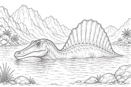 Dinosaur World Coloring Pages for Kids. Spinosaurus swimming in prehistoric river surrounded by mountains  
