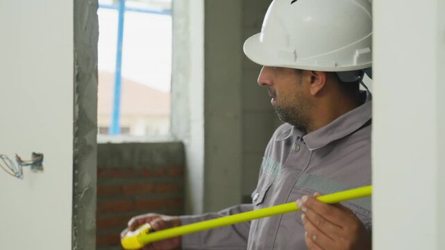 Home inspector examining wall opening in unfinished interior, measuring tape, renovation worker, construction inspection, focused building inspection scene for SEO keyword title
