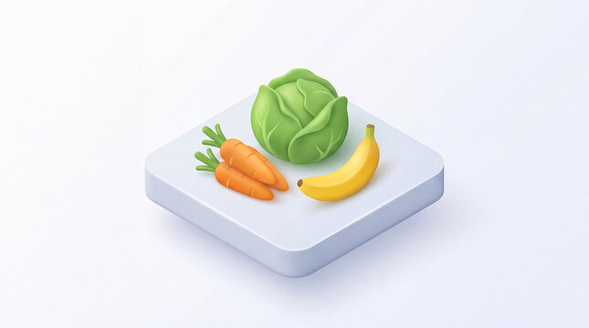 Isometric fresh produce icon. 3D vegetables and fruit on a square platform.