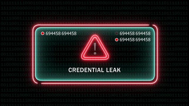 Urgent cyber security alert displaying credential leak warning with glowing neon red warning triangle and rapidly changing digital data streams on a dark background, for network protection concepts