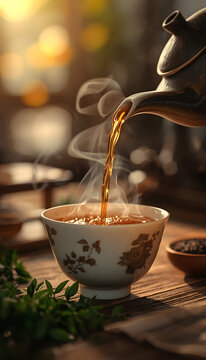 Fresh Ceylon tea pouring into a porcelain cup