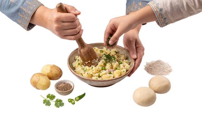 Traditional potato filling preparation for paratha, hands mashing boiled potatoes with wooden masher, authentic Indian cooking process with dough balls isolated PNG with Transparent Background