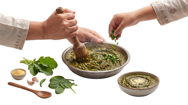 Traditional Indian saag cooking process, hands crushing green mustard leaves with wooden masher, authentic punjabi sarson ka saag preparation isolated PNG with Transparent Background