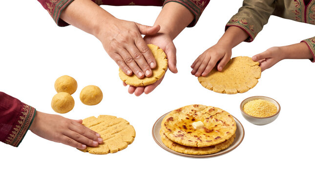 Traditional Makki ki Roti preparation, hands flattening corn flour dough balls, authentic Indian flatbread cooking process with yellow maize flour isolated PNG with Transparent Background