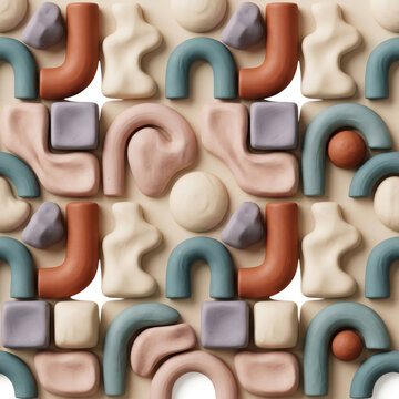 A flat lay seamless pattern of 3D geometric shapes including arches, cylinders, and rounded blocks. Styled in muted clay, beige, and teal tones for modern graphic design and interior wallpapers.