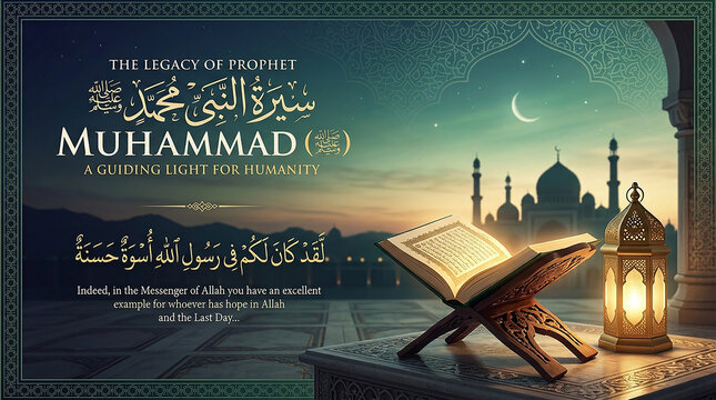 An Islamic Seerah banner design featuring an open Quran on a rehal, a glowing lantern, mosque silhouette, and Arabic calligraphy.