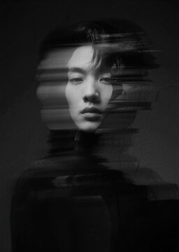 A surreal black-and-white portrait of an East Asian male with a sharp central face and horizontal motion blur ripples