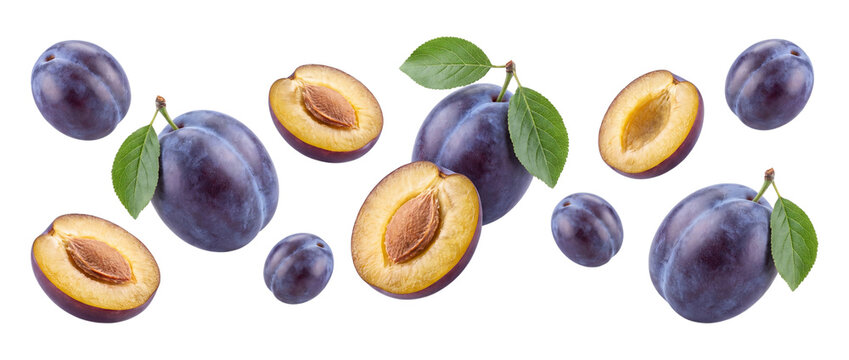 Plums and halved plums isolated on transparent background