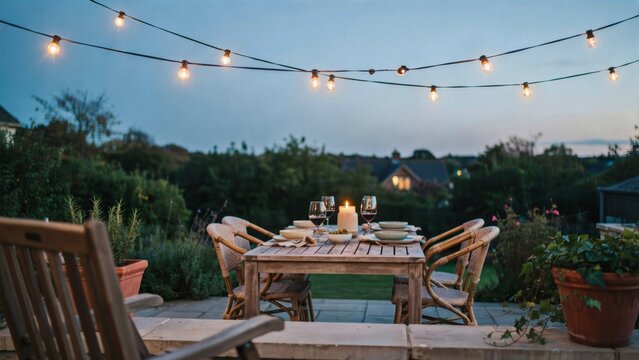 Outdoor wooden dining table with chairs and twinkling lights in garden with glasses under string plates wine glasses set plates entertainment