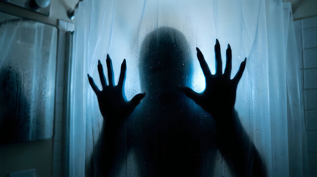 Scary monster silhouette behind a shower curtain for a spooky halloween horror scene