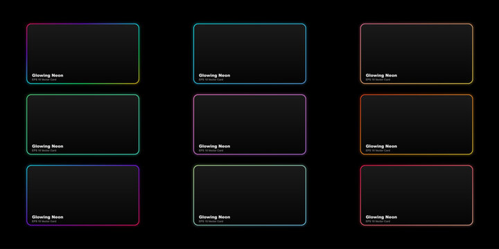 Set of glowing neon rectangular frames with rounded corners, colorful light borders for ui design, digital vector elements