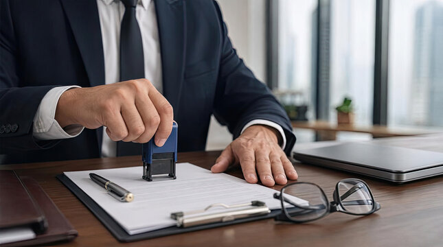 Executive Stamping Official Paper Contract On Wooden Desk In Modern Corporate Office
