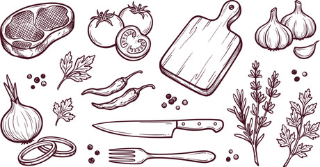 Kitchen cooking ingredients hand drawn vintage vector illustration set with steak meat food © MstRina