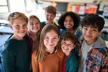 Obraz premium Diverse middle school students posing for a warm classroom group portrait