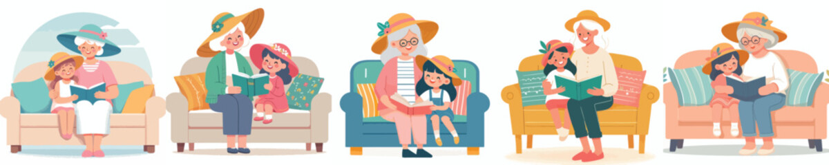 Flat vector illustration of a grandma and grandchild reading a book on a sofa in a summer setting