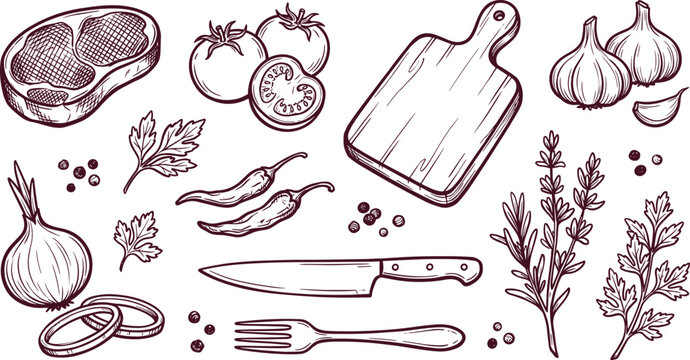 Kitchen cooking ingredients hand drawn vintage vector illustration set with steak meat food