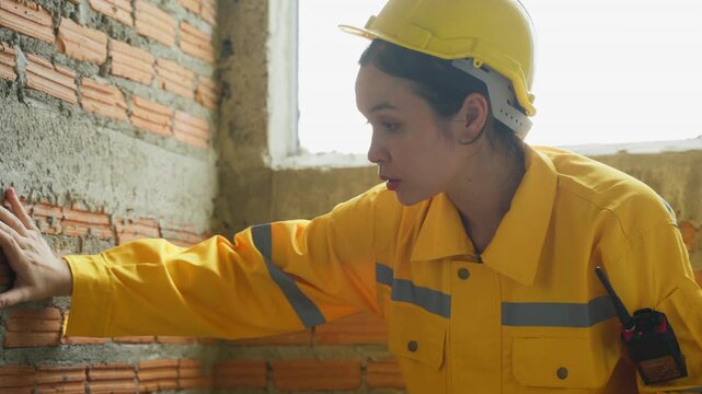 Home inspector woman in yellow helmet examining unfinished brick wall inside building with clipboard, checking construction quality and wall cracks in unfinished house