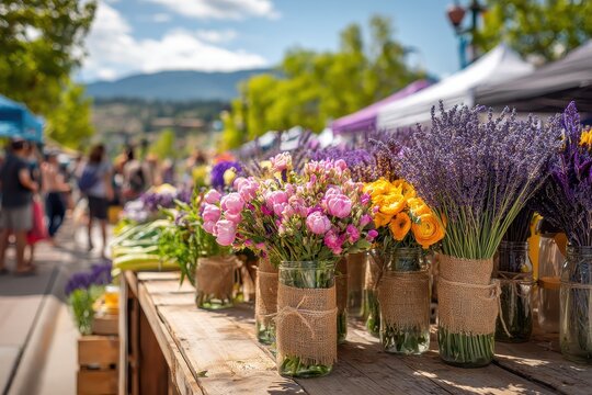 Colorful fresh-cut flowers at an outdoor market stall in Boulder, Colorado