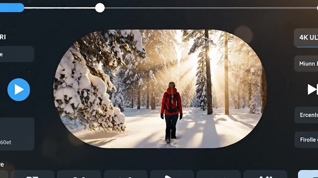 Digital video editing interface showing a hiker walking through a snowy winter forest with sun rays