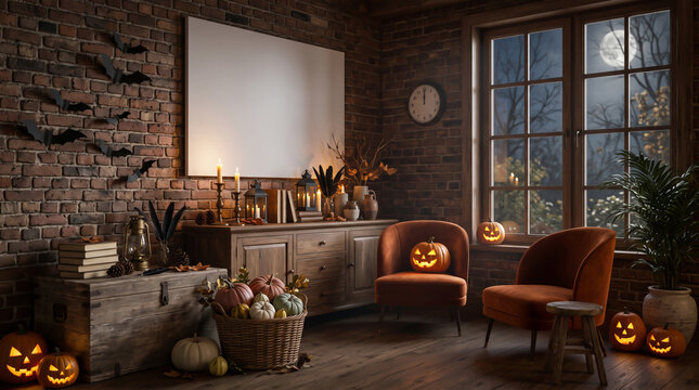 Spooky halloween room interior with pumpkins and bats near blank canvas mockup