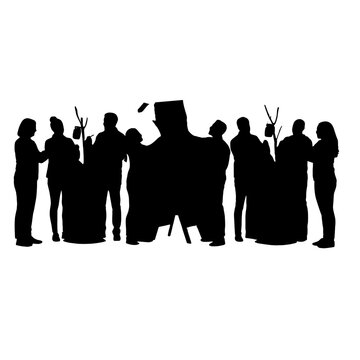 Silhouette group of people celebrating graduation with caps and diplomas isolated on transparent background, Vector